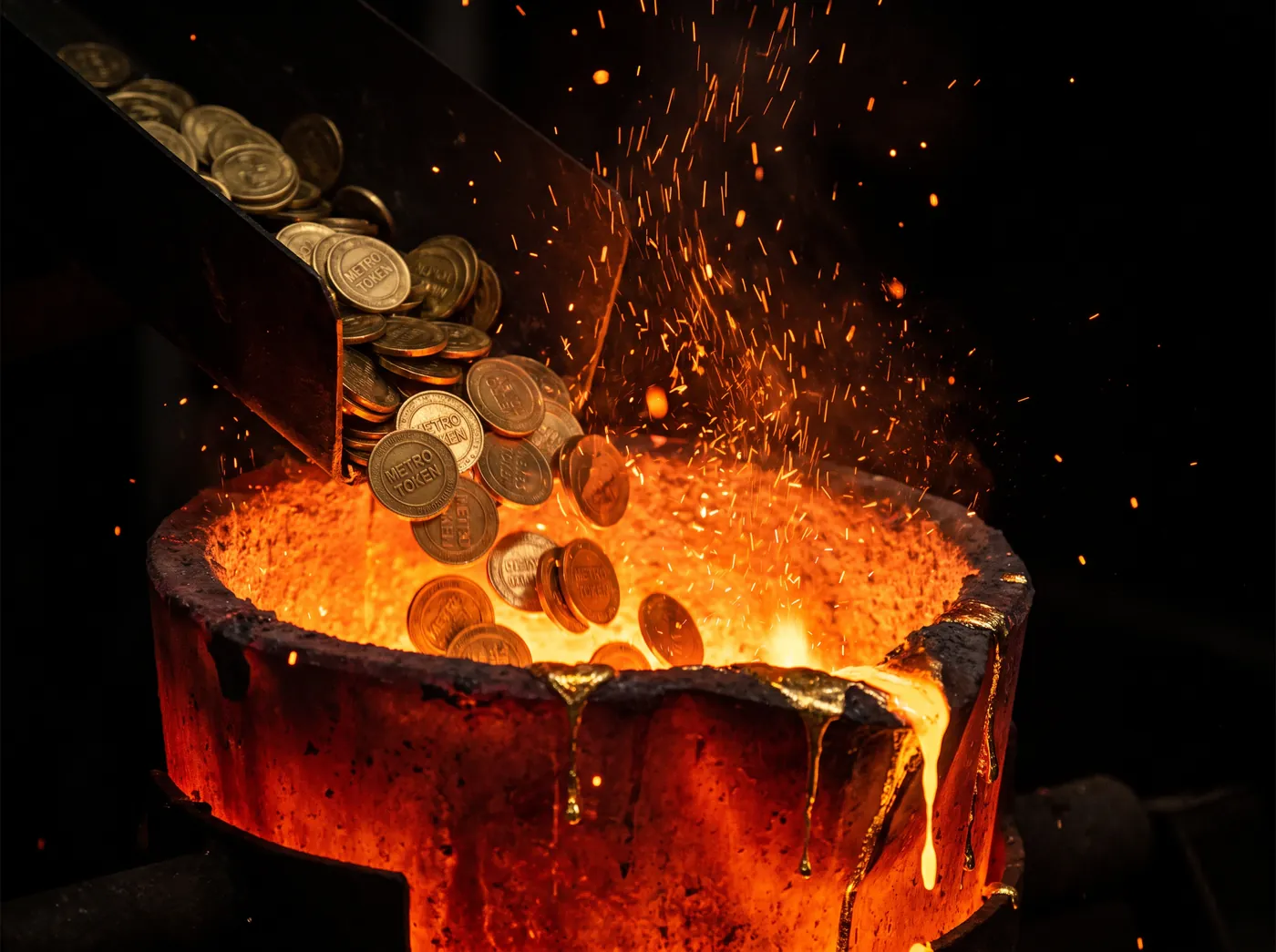 Gold tokens falling into a furnace