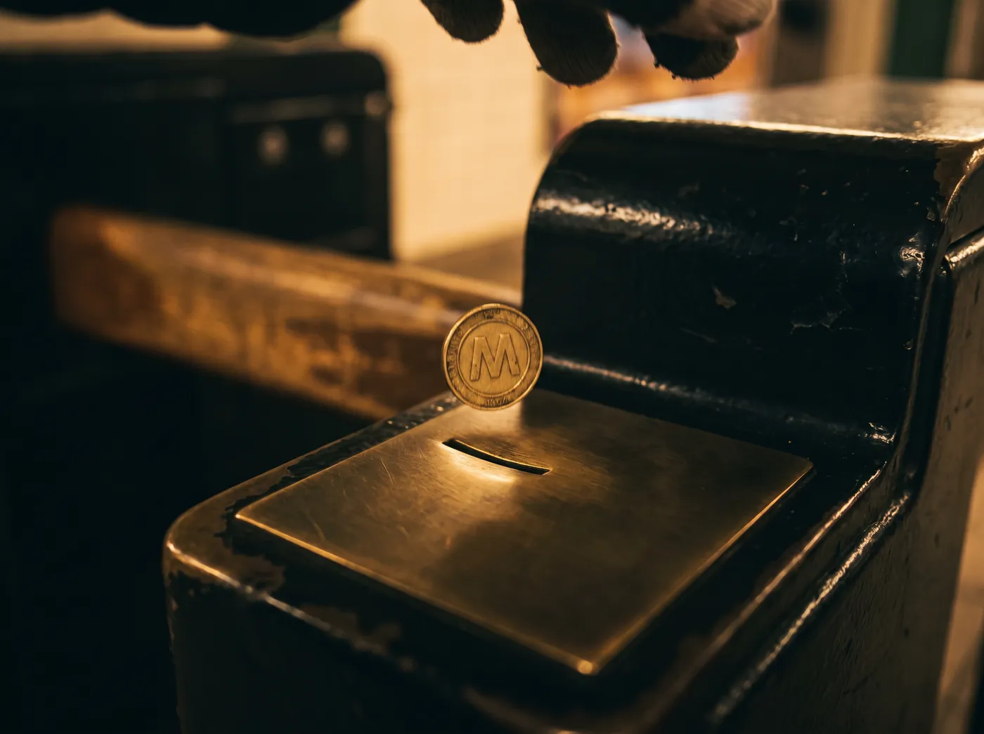 A gold token dropping into a turnstile slot